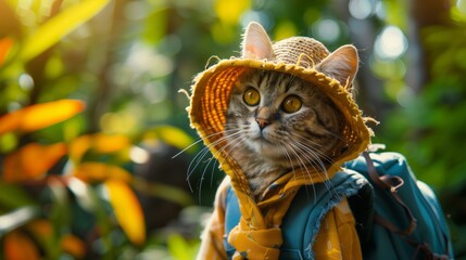 A hiker cat wearing a hat and backpack in a tourist costume.