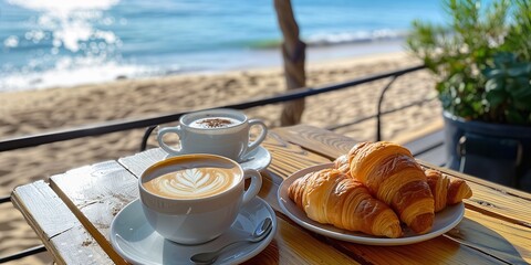 A plate with flaky croissants next to a steaming cup of coffee on a wooden table.