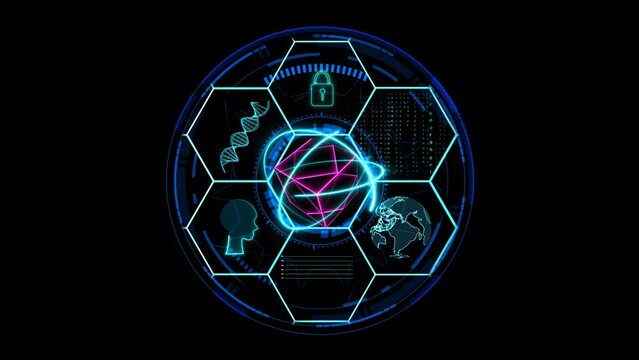 cube magenta with atom and  holographic futuristic technology and brain line matrix global secity dna with digital  black sreen