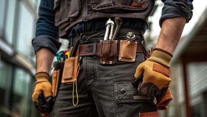 This closeup shot of the gloved hands and tool belt worn by a handyman, with tools neatly arranged inside,