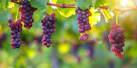 A group of black grapes, wine grapes, hanging densely from a grapevine, ripe and ready for harvest.