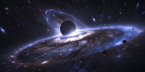 A black hole located at the core of a galaxy, exhibiting gravitational pull and cosmic interactions.