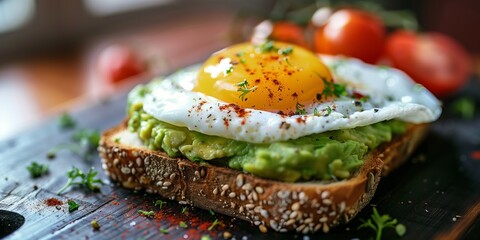 A delicious sandwich topped with a runny egg and creamy avocado.