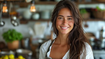 A woman with long brown hair smiling while standing in a kitchen.