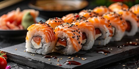 Salmon sushi rolls displayed on a slate board with various sauces, creating an appetizing and visually appealing presentation.