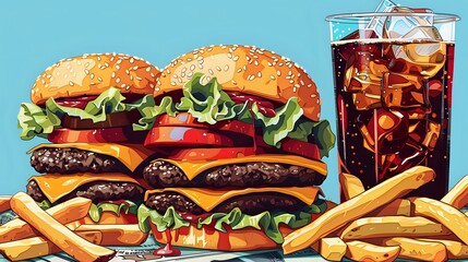 Burgers, Fries, and Soda on Colorful Background