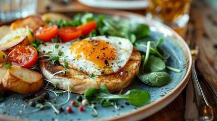 A delicious plate of food featuring an egg on top. The dish is styled in a raw, appetizing manner.