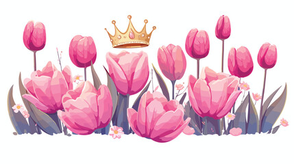 Royal Crowns With Pink Tulips Flowers Clipart 2d fl - obrazy, fototapety, plakaty