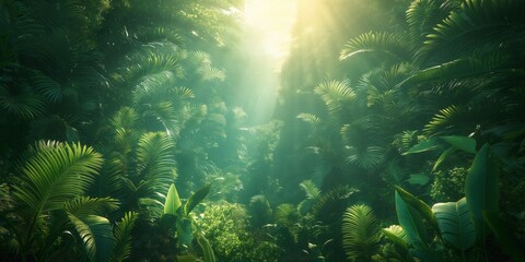 Sunlight filters through dense jungle canopy, illuminating trees in a vibrant burst of light and shadow.
