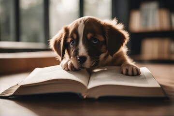 'book chewing puppy dog animal bordeaux mastiff pet cute brown french purebred young baby1 nobody canino small mammal lying paw horizontal beautiful adorable little doggy blackboard education school' - obrazy, fototapety, plakaty