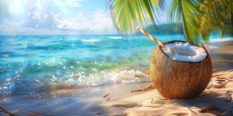 A coconut rests on top of a sandy beach, contrasting the brown husk with the golden grains of sand.