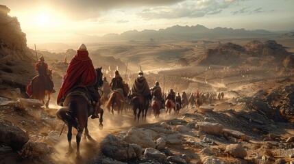 King Leonidas leads a group of 300 Spartans riding on the backs of powerful horses, charging into battle with determination and bravery.