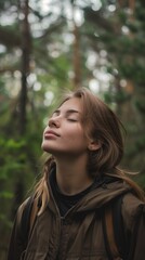 A young woman standing in a wooded area with her eyes closed, taking a deep breath of fresh air.