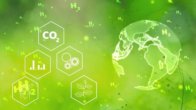 H2 particle with bug graph plant gear co2 and global rotating blur green nature background