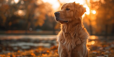A golden retriever calmly sits in the grass with the sun setting behind it on a peaceful evening.