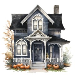 Watercolor illustration of old house with pumpkins on a white background