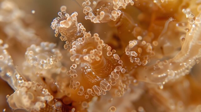 A microscopic view of a tiny sea creature covered in sticky brown algae that is affecting its ability to move and feed properly.