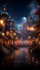 Old town at night with moon and stars - 3D illustration.