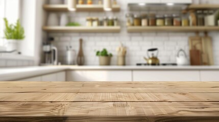 Fototapeta na wymiar Modern Blurry Kitchen Background with Wooden Countertop