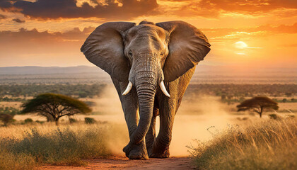 elefante africano en sabana, al atardecer - obrazy, fototapety, plakaty