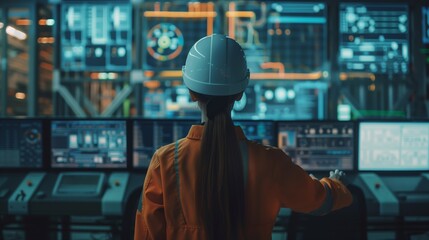 Obraz premium Female Technician Operating High-Tech Industrial Machinery
