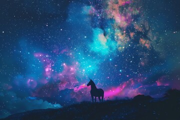 Beautiful unicorn gazing at the night sky with sparkling blue, pink, and yellow stars