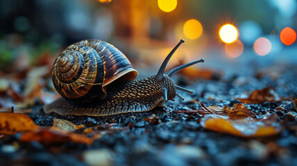 Snail crawling on the road in the autumn forest at night. - Powered by Adobe