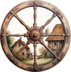 Watercolor illustration of a wooden wheel isolated.