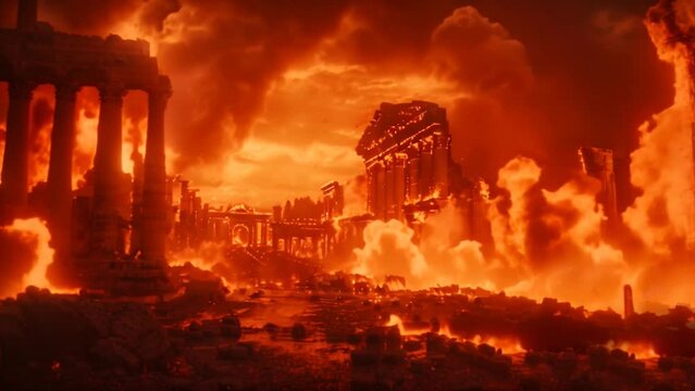 Historical fire of the city of Rome caused by Emperor Nero, with buildings, temples and monuments engulfed in flames, with debris and a dark cloud of smoke. Wallpaper of the cityscame burning at night