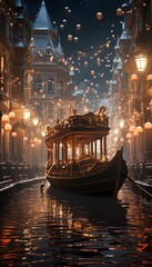 Vintage gondola in the night city. 3d render