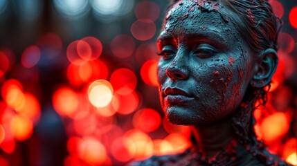 Close up portrait of a young woman with painted face and blood on her face.