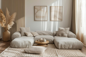 A cozy living room with a modular sofa and a minimalist coffee table, anchored by a plush rug and floor cushions.