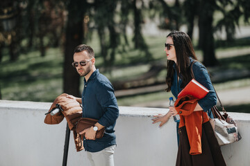 A man and woman in casual business wear stand outdoors, appearing focused and on the go with...