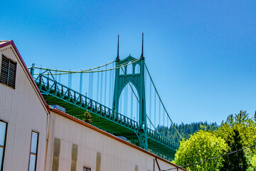 St. Johns Bridge Paired With Building of Cathedral Park in Portland, OR