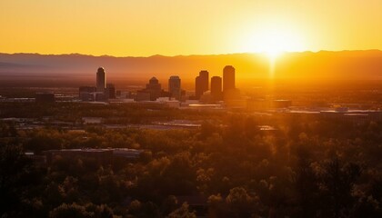 Denver's cityscape gleams in golden hues at sunset. Towering silhouettes punctuate the sky, while trees mirror their glow on buildings. - obrazy, fototapety, plakaty