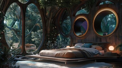 Modern futuristic art nouveau bedroom decor, fusion of timeless elegance and avant-garde design, transforming your sleeping space into a stylish sanctuary that reflects both tradition and innovation.