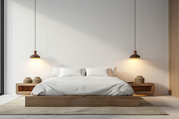 A minimalist bedroom with a platform bed and floating nightstands, illuminated by a contemporary pendant light.