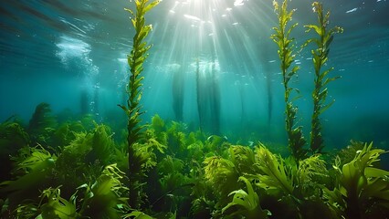 Explore blue carbon sinks like kelp forests and seagrass meadows sequestering CO2. Concept Blue Carbon Sinks, Kelp Forests, Seagrass Meadows, CO2 Sequestration, Ocean Ecosystems