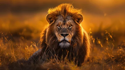 Fotobehang Lion at Sunset, Majestic Stare © Kordiush