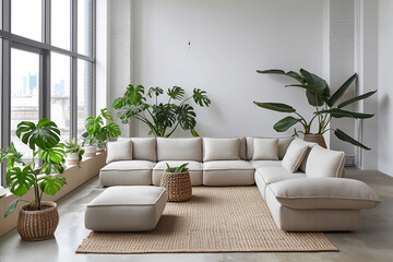 A minimalist living room with a modular sofa and a monochromatic color scheme, punctuated by pops of green from indoor plants.