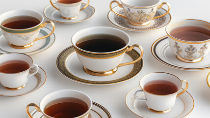 Assorted elegant teacups with golden trim, filled with tea, suggest a refined gathering.