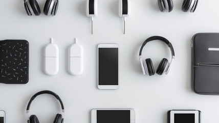 Modern gadgets and accessories in a monochrome palette, symbolizing connected lifestyles.