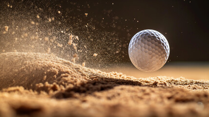 Golf ball soaring out of sand trap, capturing the energy of the escape.