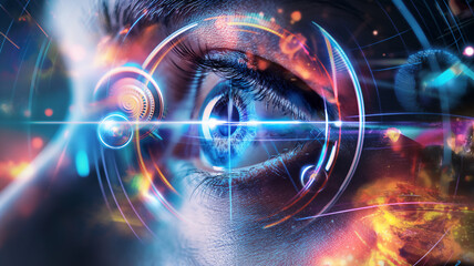 A human eye with futuristic digital overlays, symbolizing advanced technology and vision.