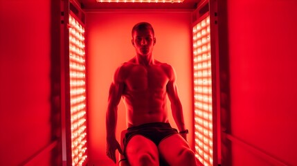 Man Sitting In Red Light Therapy Room (Generative AI)