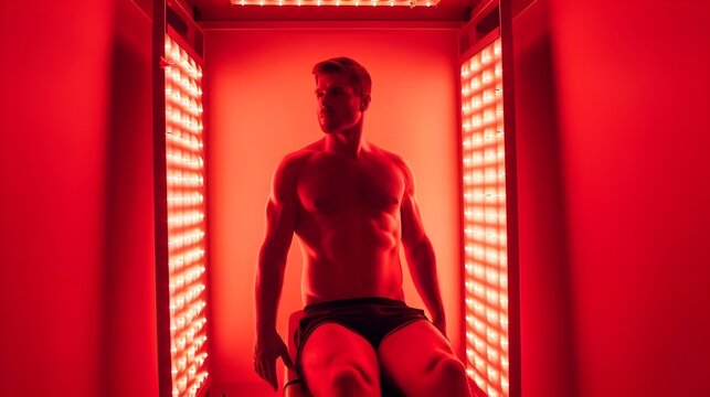Man Sitting In Red Light Therapy Room (Generative AI)
