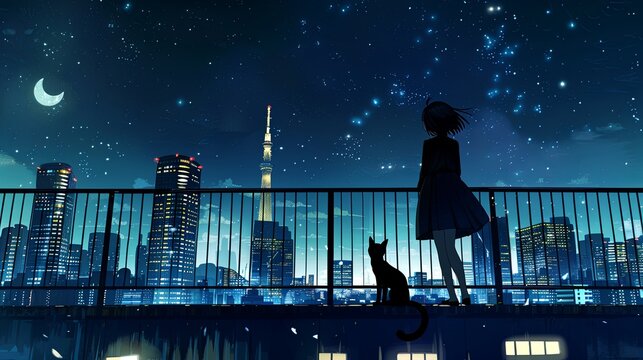 Anime girl and her cat looking at the night city. AI generated image. anime girl. Illustration