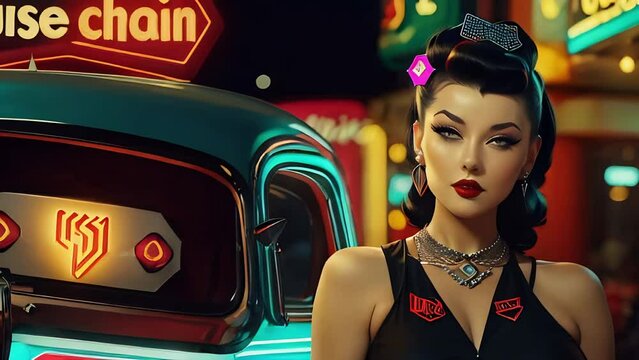 beautiful rockabilly woman in las vegas hexagon logo in background text pulse chain in s neon in the style of seamless loop animation