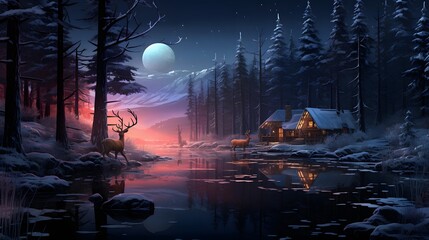 Winter forest landscape with a wooden house and a moose on the background of the moon