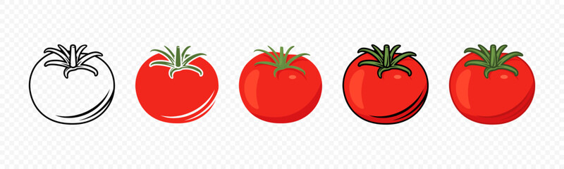 Flat Vector Fresh Tomato Icon Set Isolated. Whole Tomato Design Template. Organic Tomato, Front View